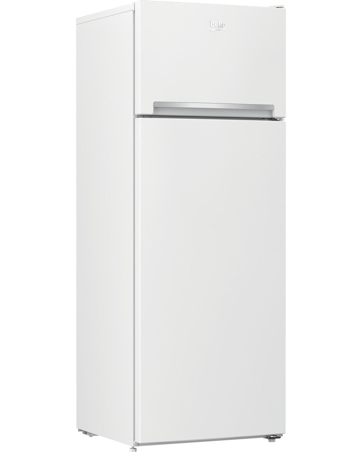 Un frigorifero Beko bianco con vano congelatore in alto. Design pulito.