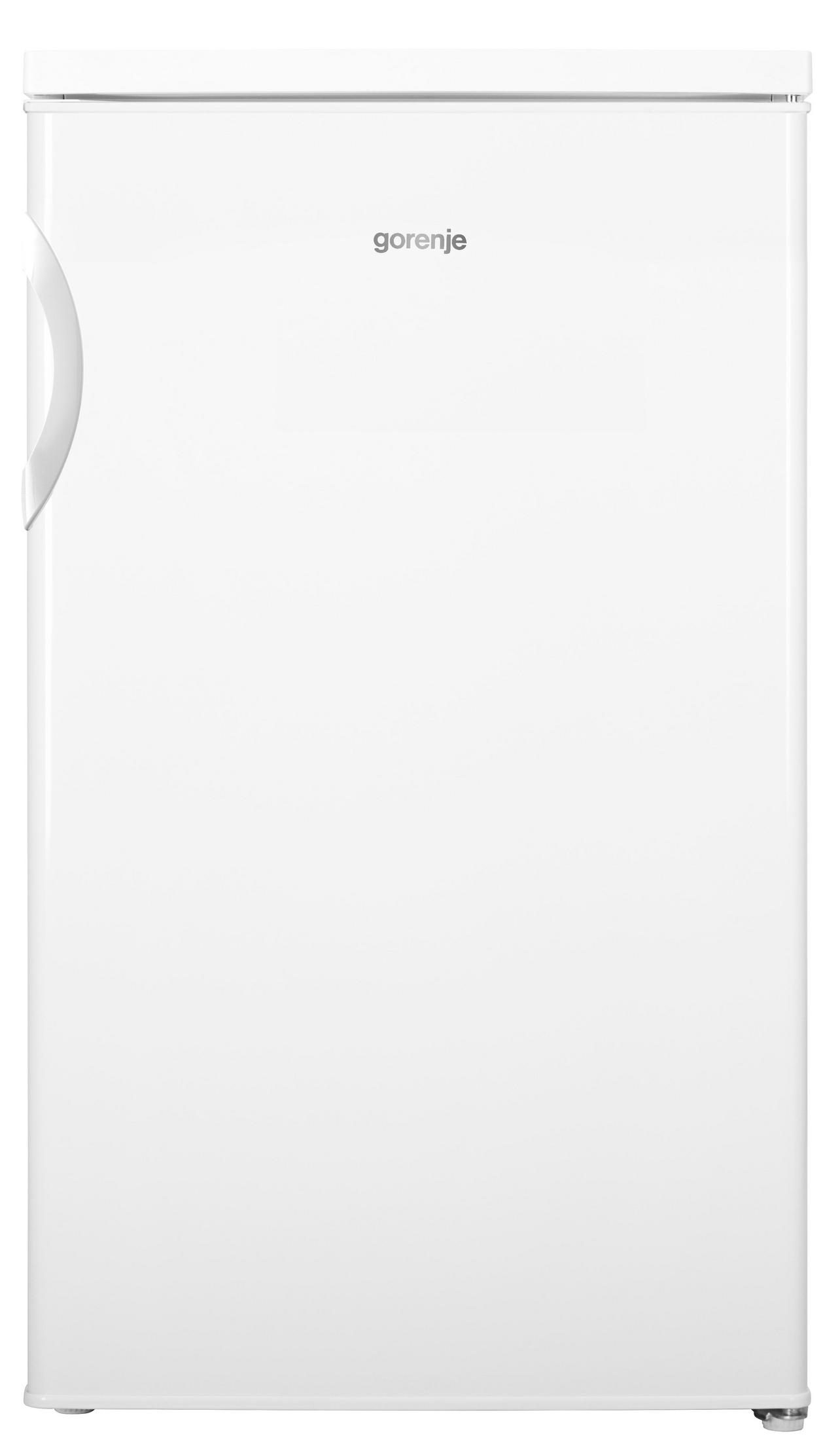 Ein schlanker, weißer Gorenje-Kühlschrank mit silbernem Griff und Füßen.