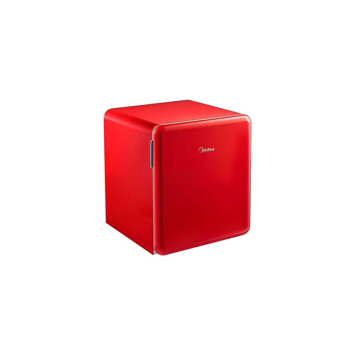 Un mininevera Midea pequeño y rojo se muestra sobre fondo blanco.