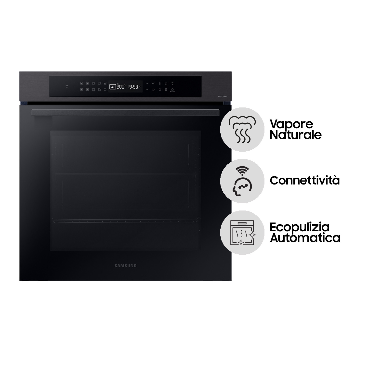 Un moderno forno Samsung nero con display digitale e icone per vapore, connettività e autopulizia.