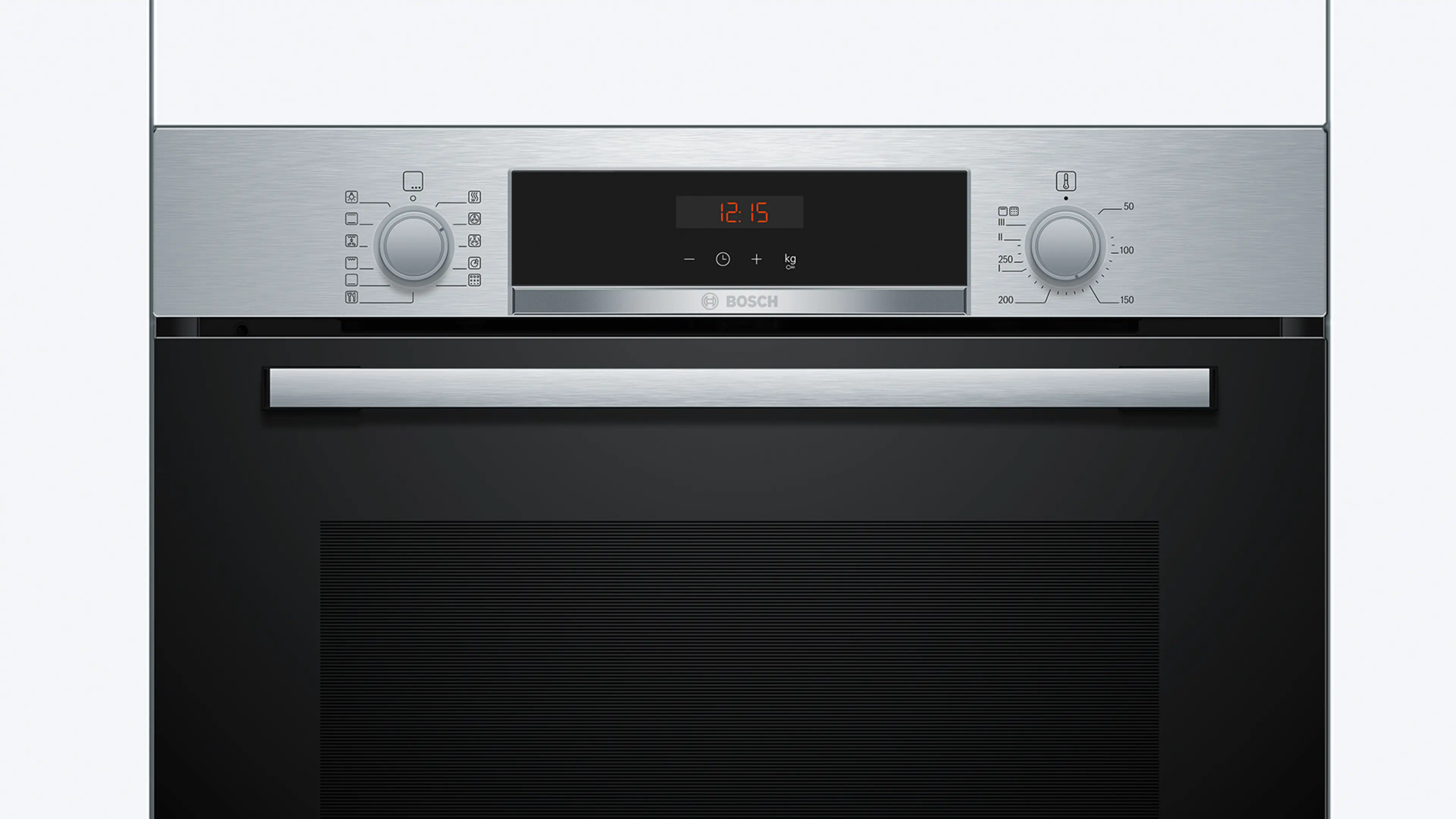 Forno da incasso con display digitale dell'ora e manopole per temperatura e funzione.