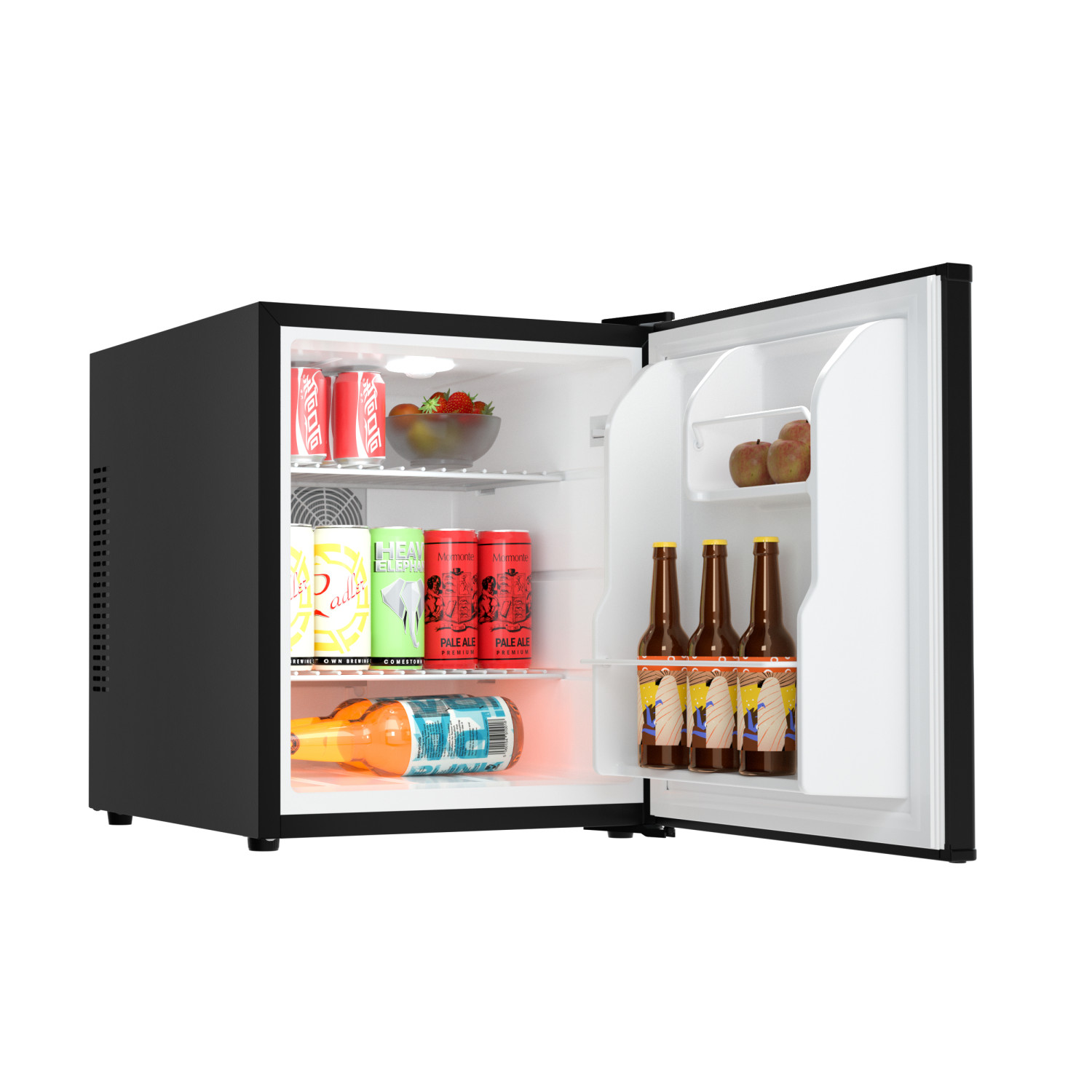 Un minibar negro con la puerta abierta, lleno de bebidas y fruta.