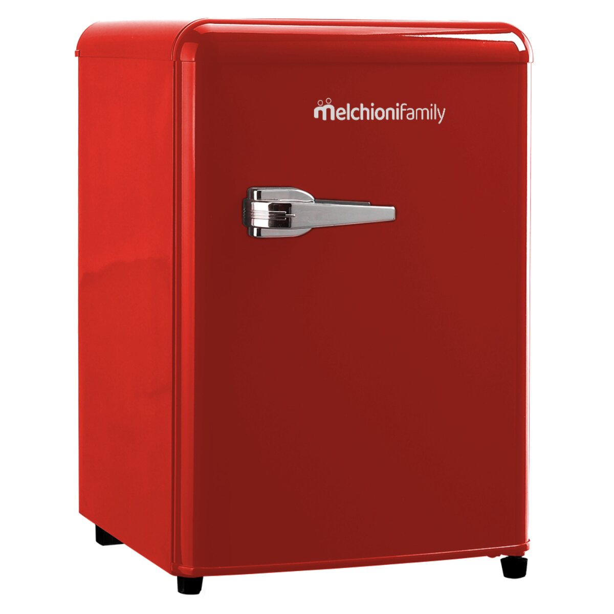 Un piccolo frigorifero rosso con maniglia argentata e logo 'melchionifamily'.
