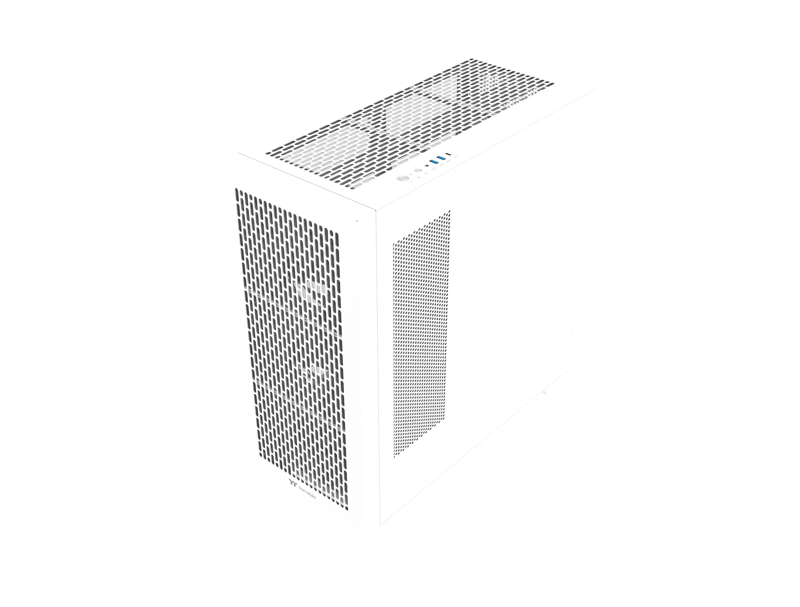 Un case per computer bianco con griglie di ventilazione e pulsanti sulla parte superiore.