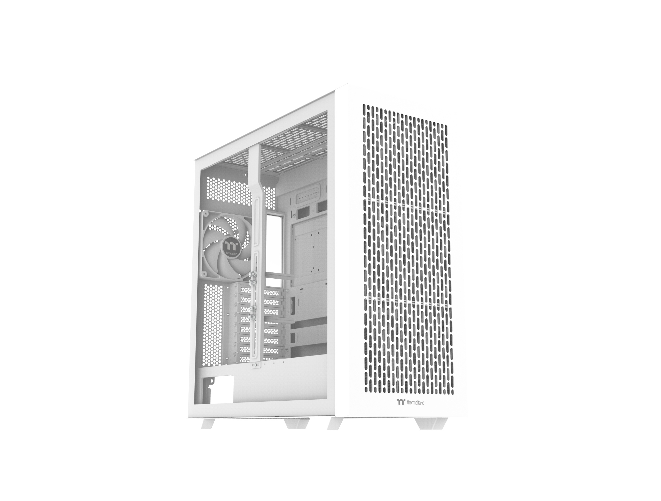 Un case per computer bianco con ventola e fessure di ventilazione.