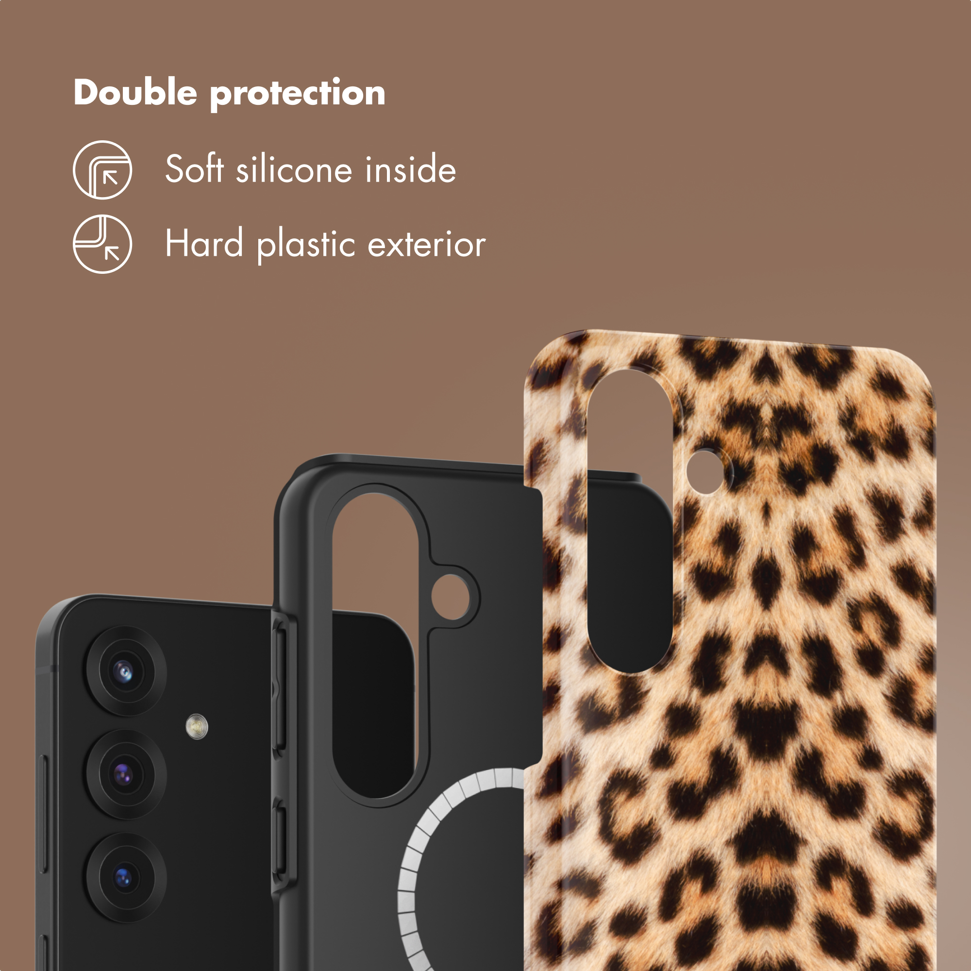 Telefono nero con cover leopardata e cornice protettiva.