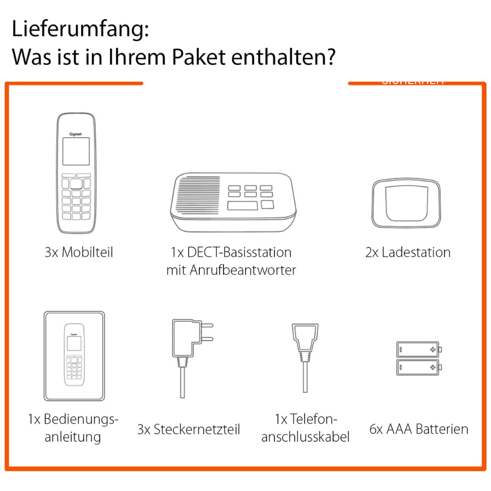 Lieferumfang zeigt 3 Mobilteile, 1 Basisstation, 2 Ladestationen, Anleitung, 3 Netzteile, Kabel, 6 Batterien.