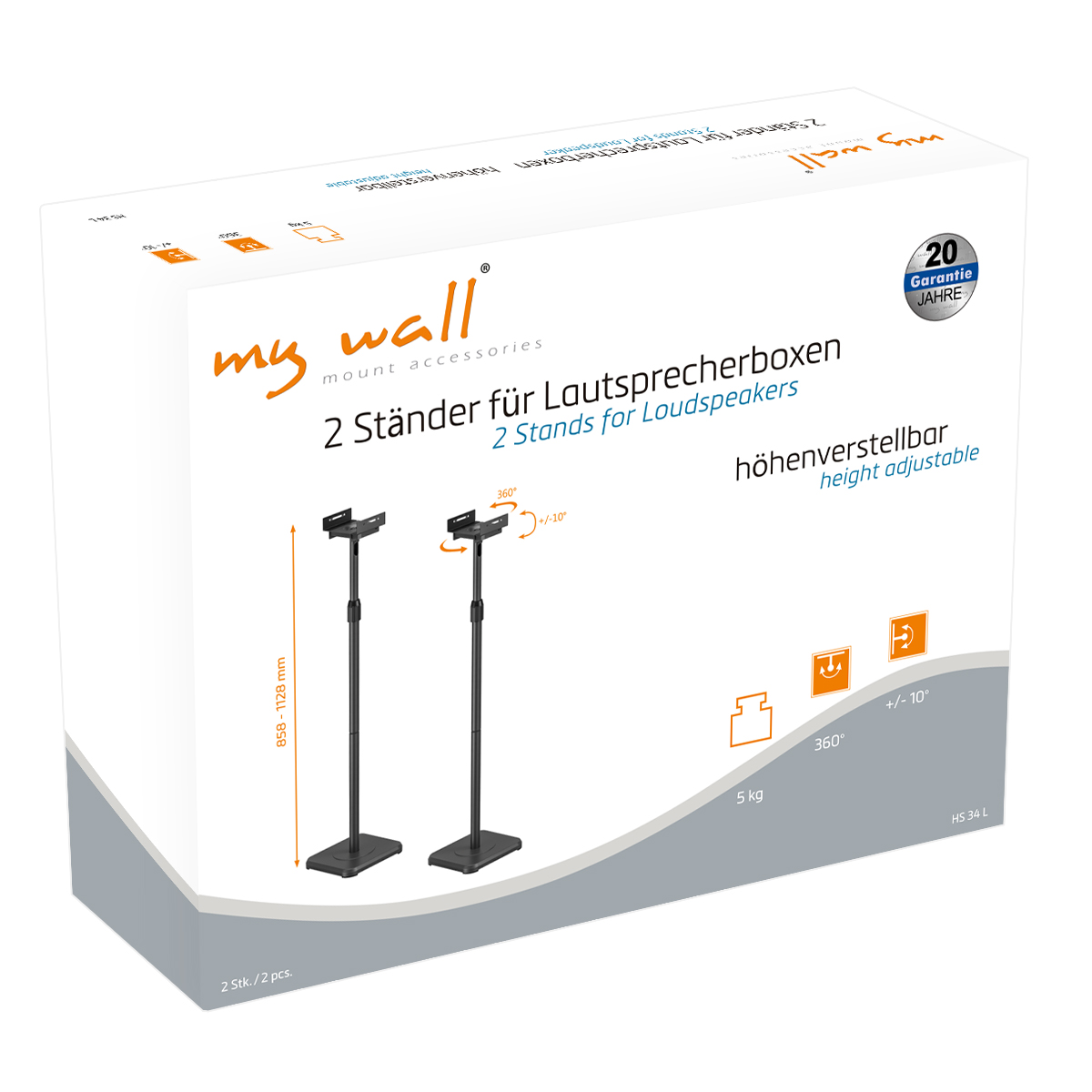 Verpackung mit zwei höhenverstellbaren Lautsprecherständern, schwarz.