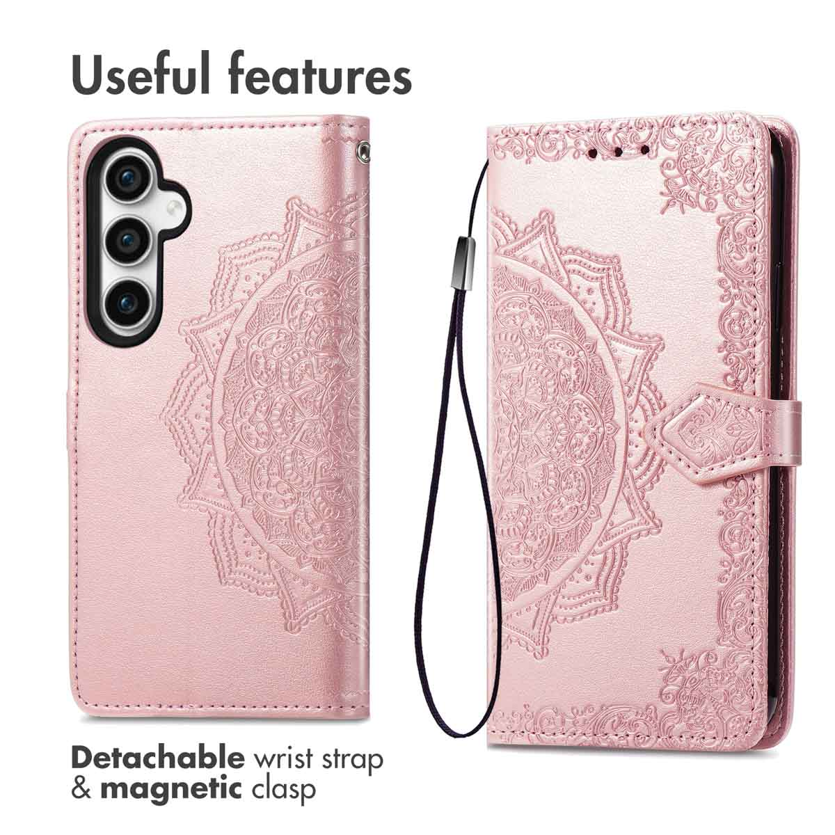 Una custodia per telefono rosa con mandala, cinturino rimovibile e chiusura magnetica.