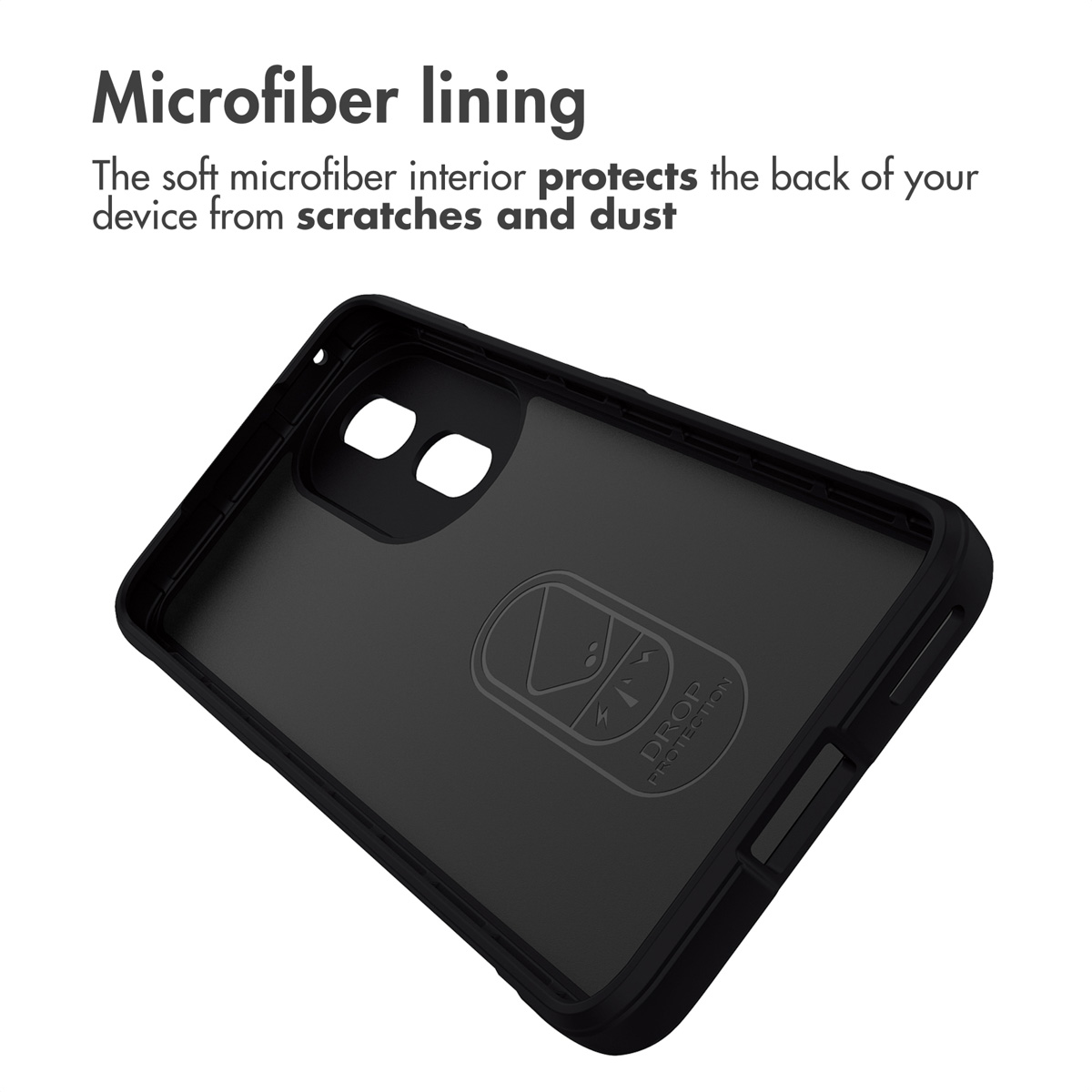 Interno di custodia nera per telefono con fodera in microfibra e logo protezione.