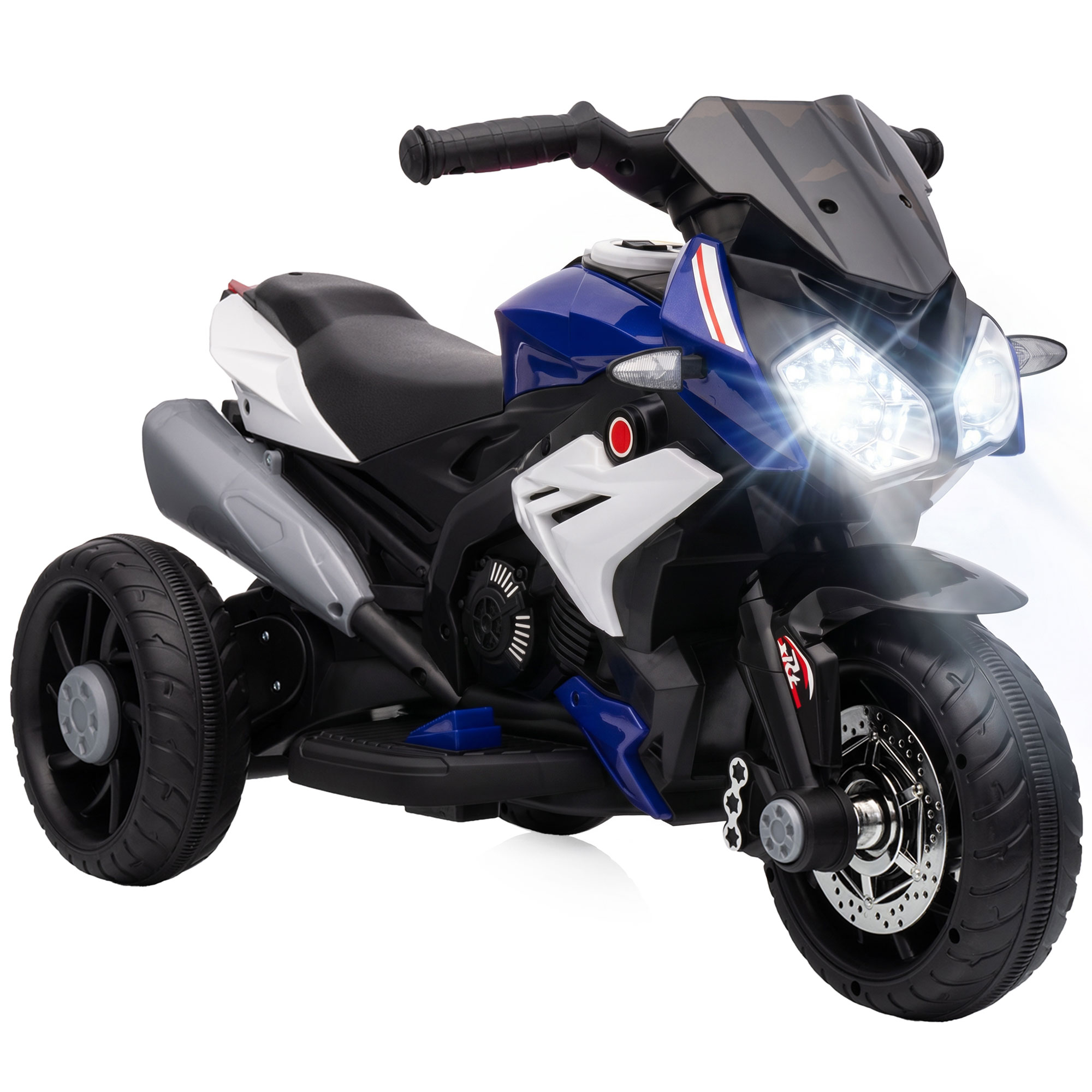 Una moto giocattolo a tre ruote blu e bianca con fari luminosi.
