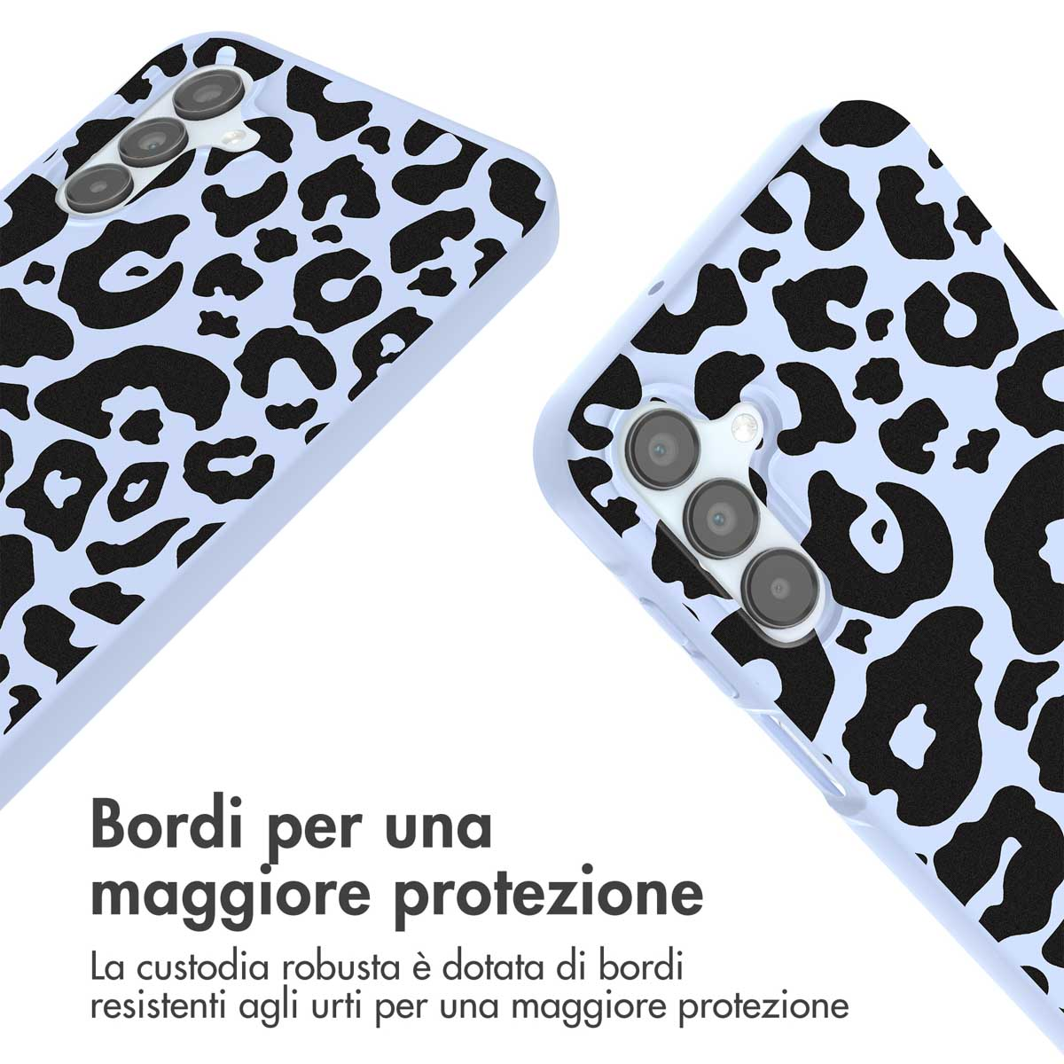 Custodia azzurra con stampa leopardata nera e foro per fotocamera.