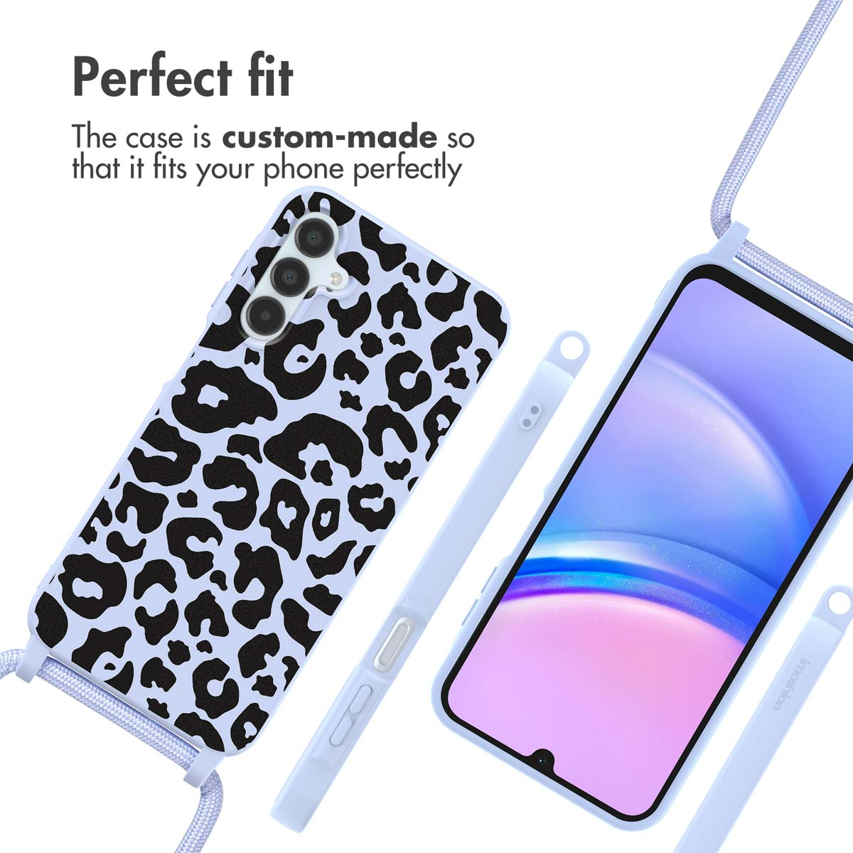 Una custodia per telefono azzurra con stampa leopardata e un telefono in custodia azzurra con cinturino.