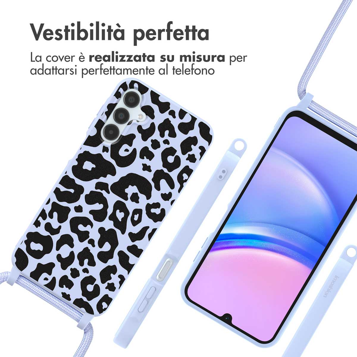Una cover per telefono con stampa leopardata e un telefono con cinturino.