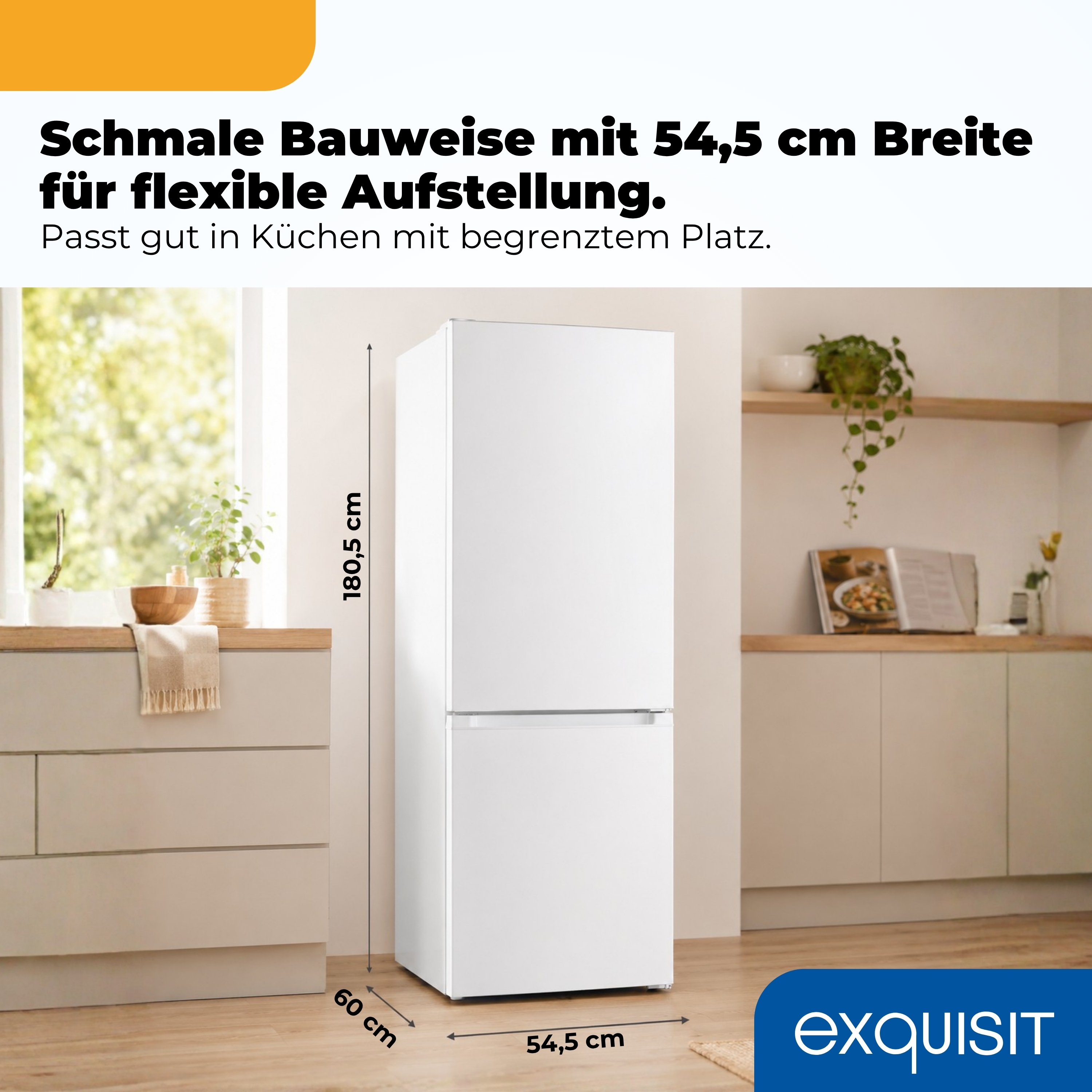Ein schmaler weißer Kühlschrank mit 54,5 cm Breite und 180,5 cm Höhe.