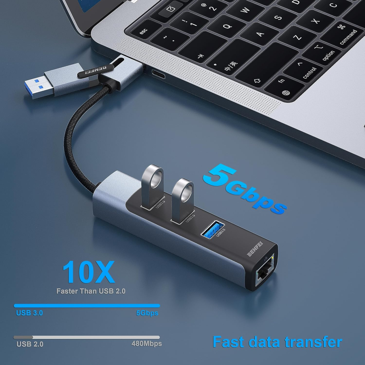 Ein USB-Hub mit mehreren Anschlüssen, der an ein Laptop angeschlossen ist, zeigt Datenübertragungsgeschwindigkeiten.