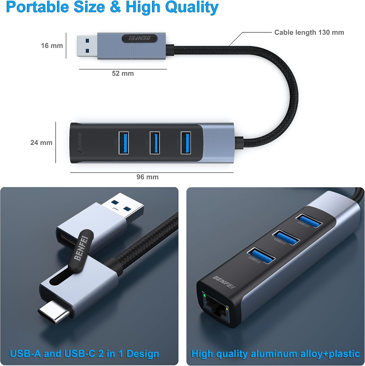 USB-Hub mit USB-A- und USB-C-Eingängen, 4 USB 3.0-Ports und Ethernet.