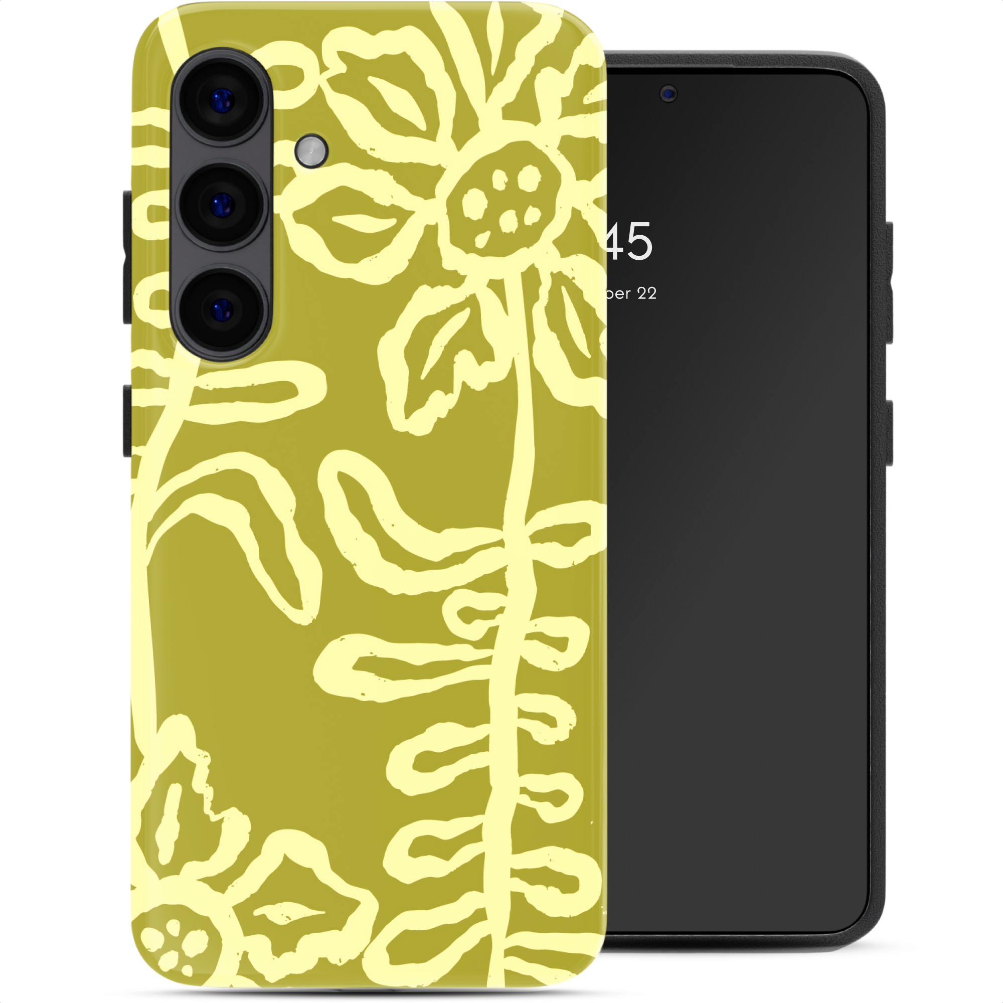 Ein olivgrünes Handycover mit gelbem Blumenmuster neben einem schwarzen Smartphone.