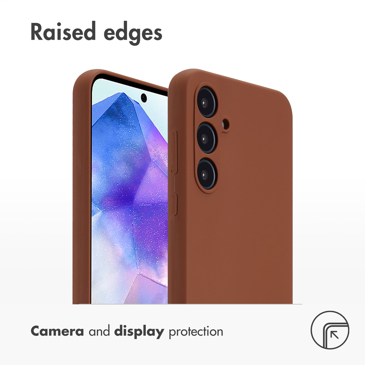 Cover marrone per telefono con bordi rialzati, protegge fotocamera e display.