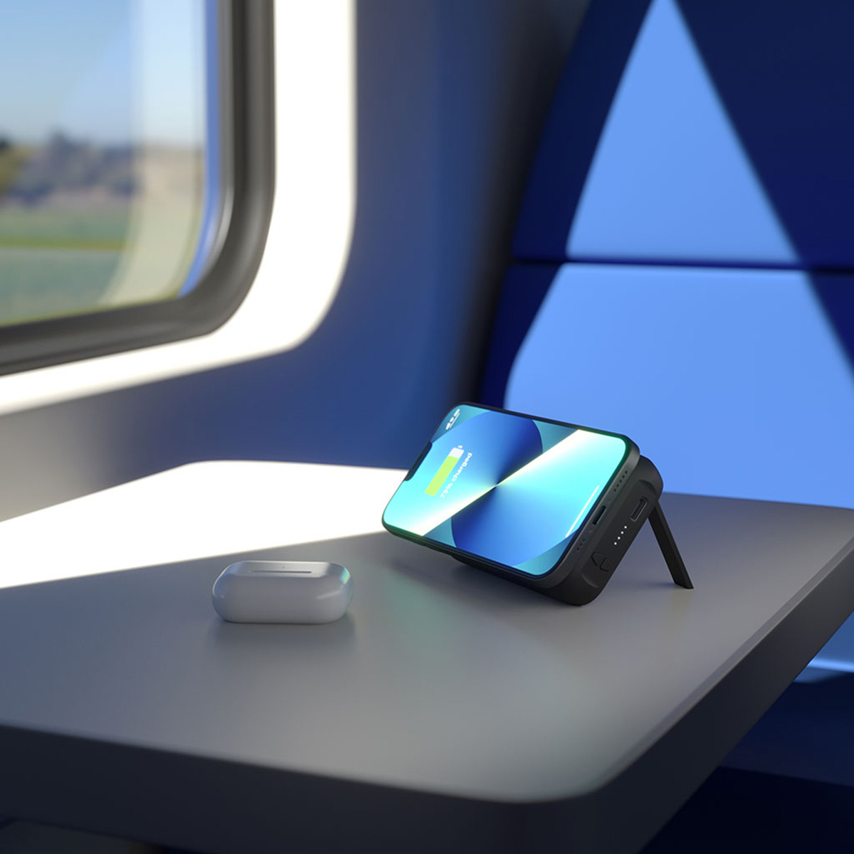 Ein Smartphone und weiße Ohrhörer auf einem Zugtisch, mit Blick auf ein Fenster.