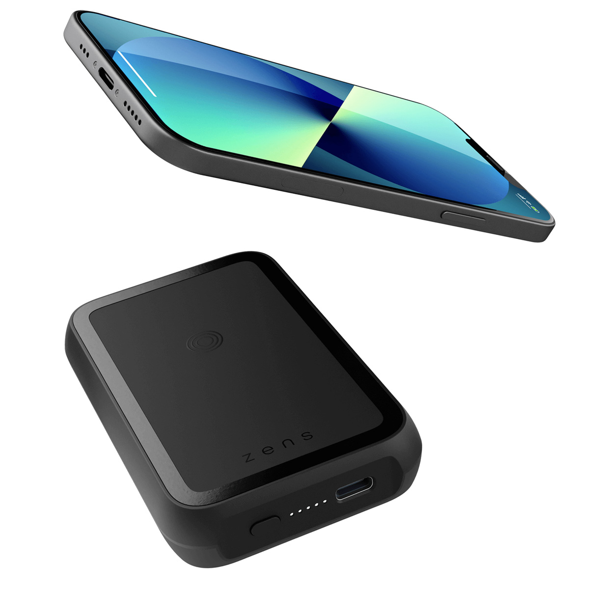 Una base di ricarica wireless ZENS nera è sotto uno smartphone che mostra uno sfondo astratto colorato.