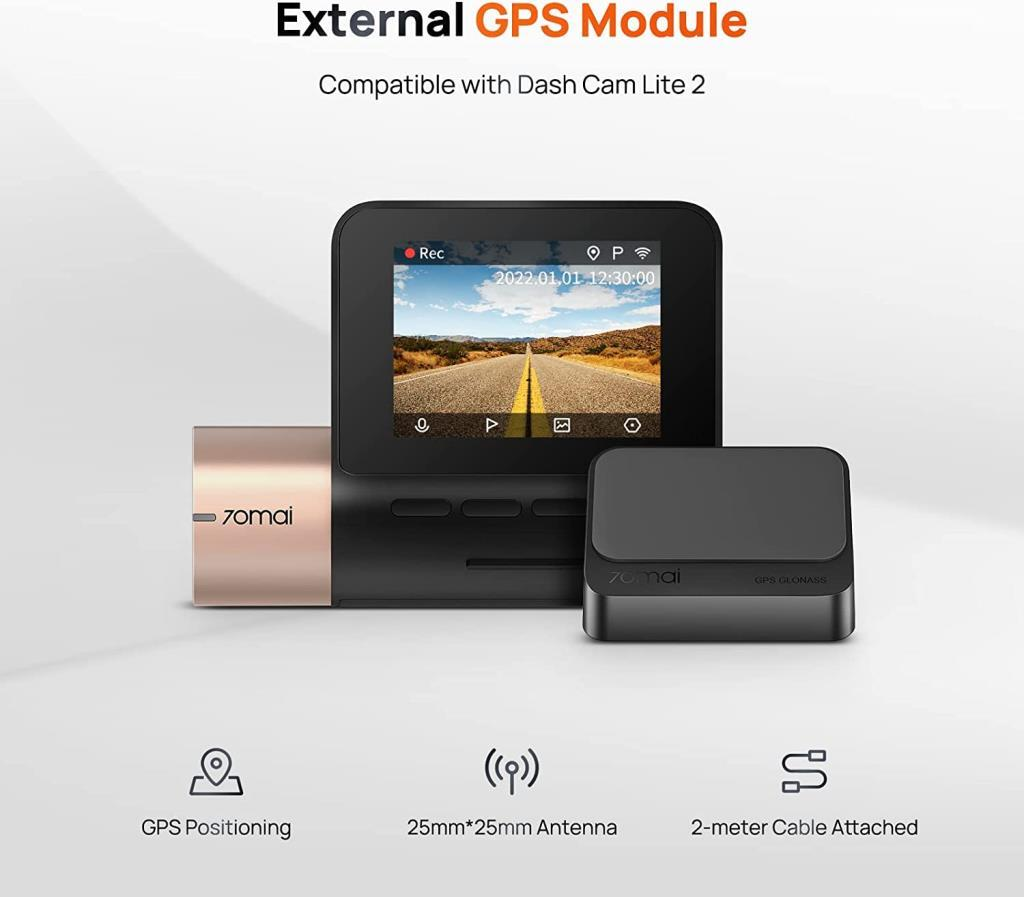 Harici GPS modülü ve araç kamerası bileşenleri. GPS, 25mm anten ve 2m kablo içerir.