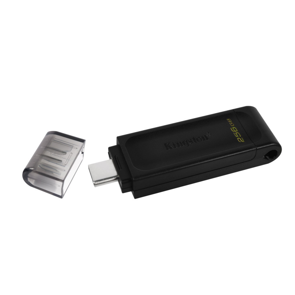 Black Kingston 256GB USB-C drive with cap removed, showing connector.
