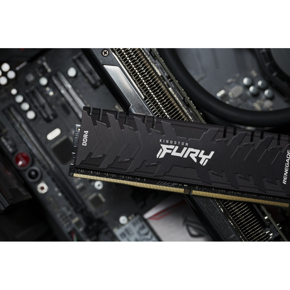 Czarny moduł RAM DDR4 z logo Kingston Fury na płycie głównej.