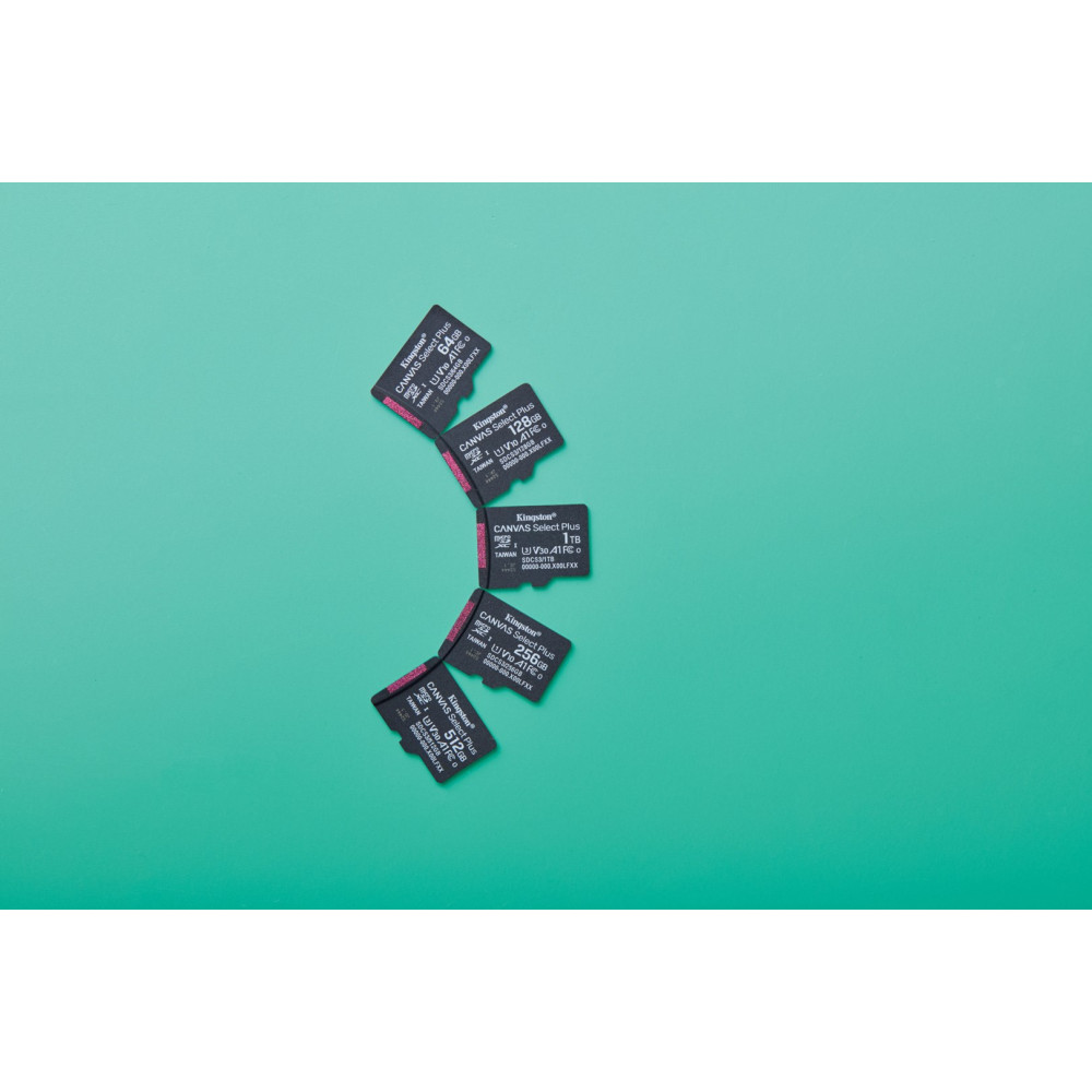 Fünf Kingston microSD-Karten mit Kapazitäten von 64GB bis 1TB liegen auf türkisem Grund.