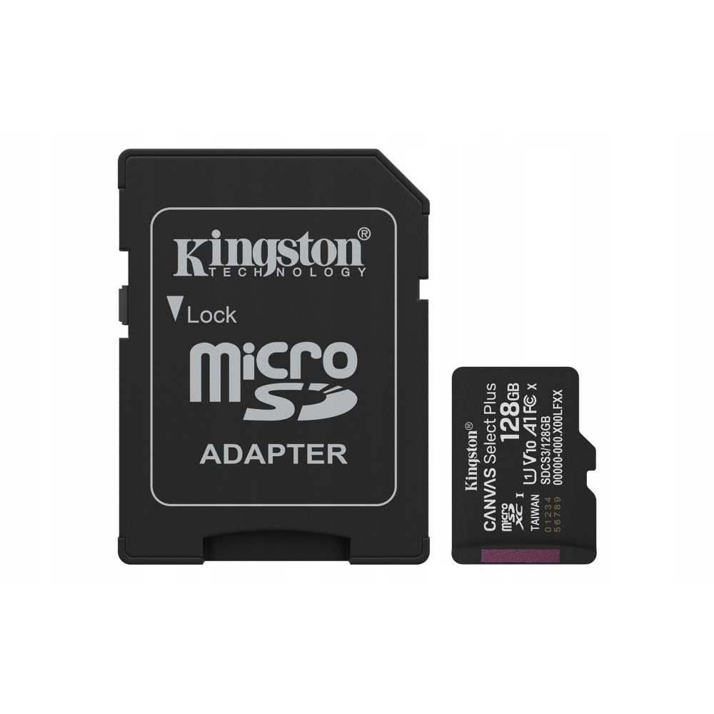 Kingston Micro-SD-Adapter und 128-GB-Karte. Adapter ist schwarz, Karte ist lila und schwarz.