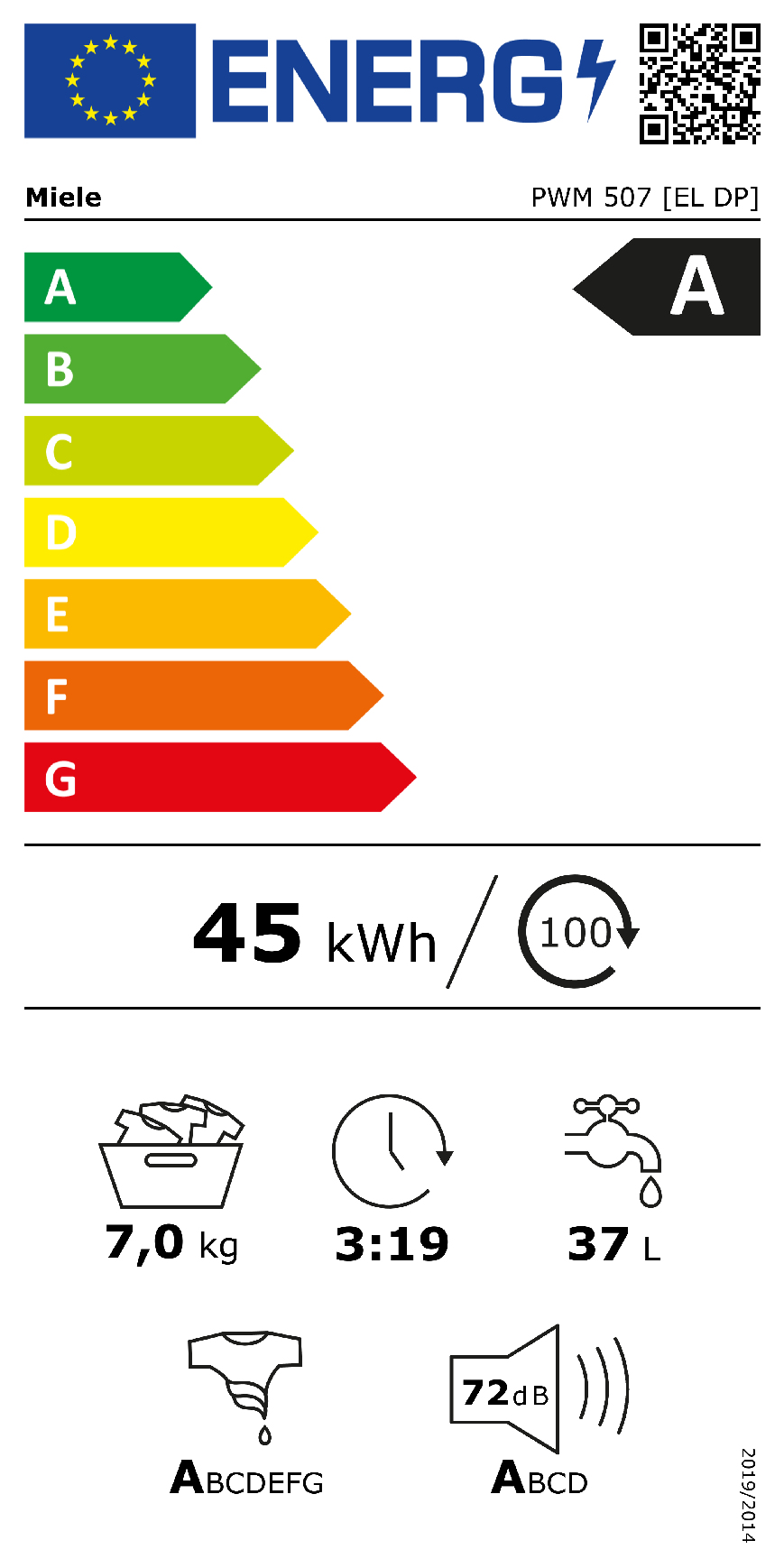 Etichetta energetica lavatrice Miele: Classe A, 45 kWh/100 cicli, 7 kg, 3:19h, 37L, 72dB.