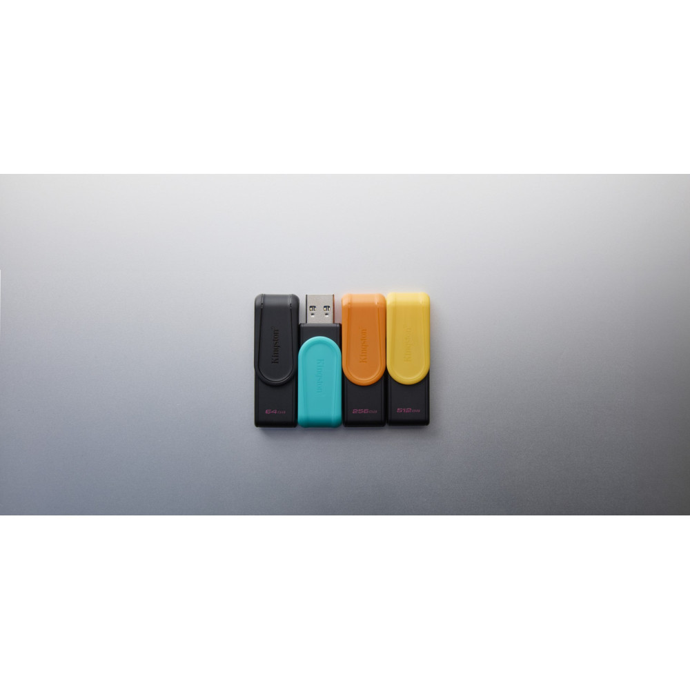 Four Kingston USB drives in black, teal, orange, and yellow are lined up.