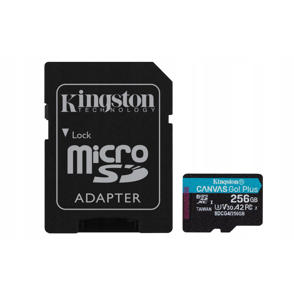 Czarny adapter MicroSD i mała karta pamięci Kingston 256 GB.