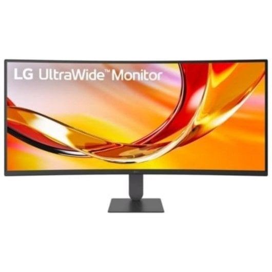 Un monitor curvo LG UltraWide che visualizza uno sfondo astratto colorato.