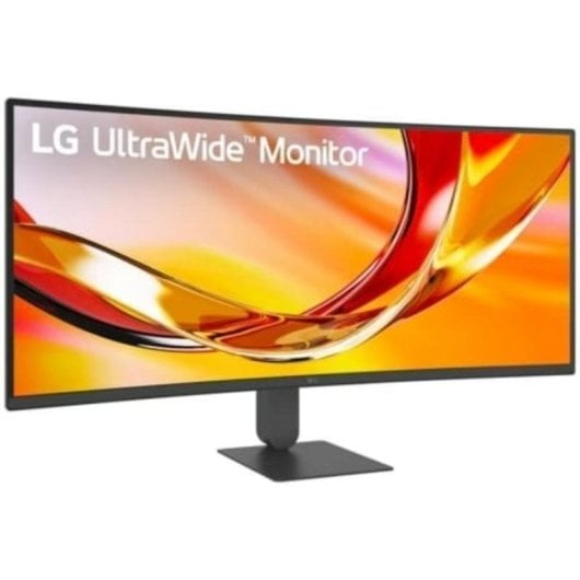 Un monitor curvo LG UltraWide con sfondo astratto colorato e supporto nero.