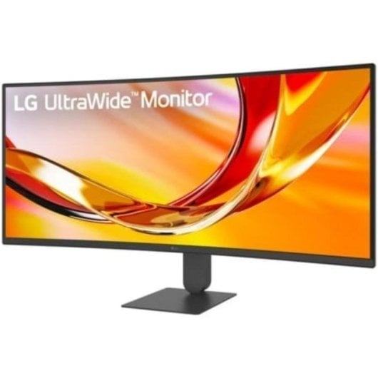 Monitor LG UltraWide con un vivace design astratto arancione e rosso.