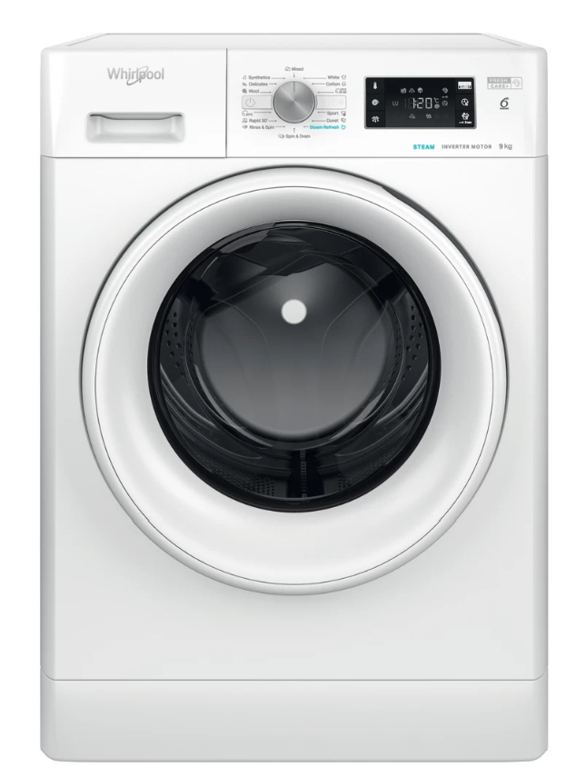 Una lavatrice Whirlpool bianca con display digitale e oblò tondo.