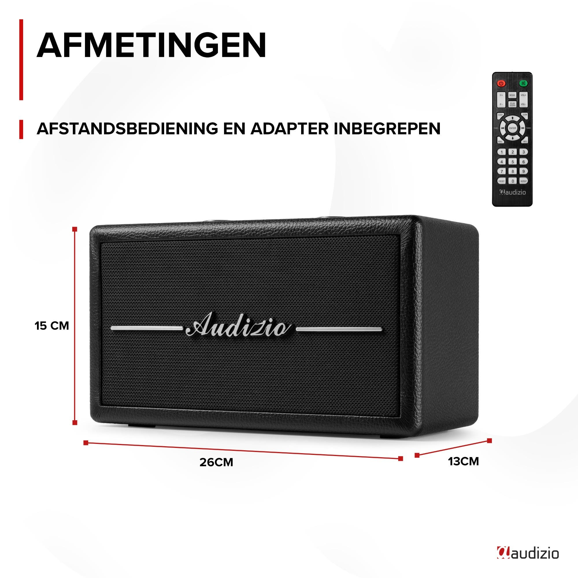 Altavoz negro con mando y dimensiones: Alto 15 cm, Ancho 26 cm, Profundo 13 cm.