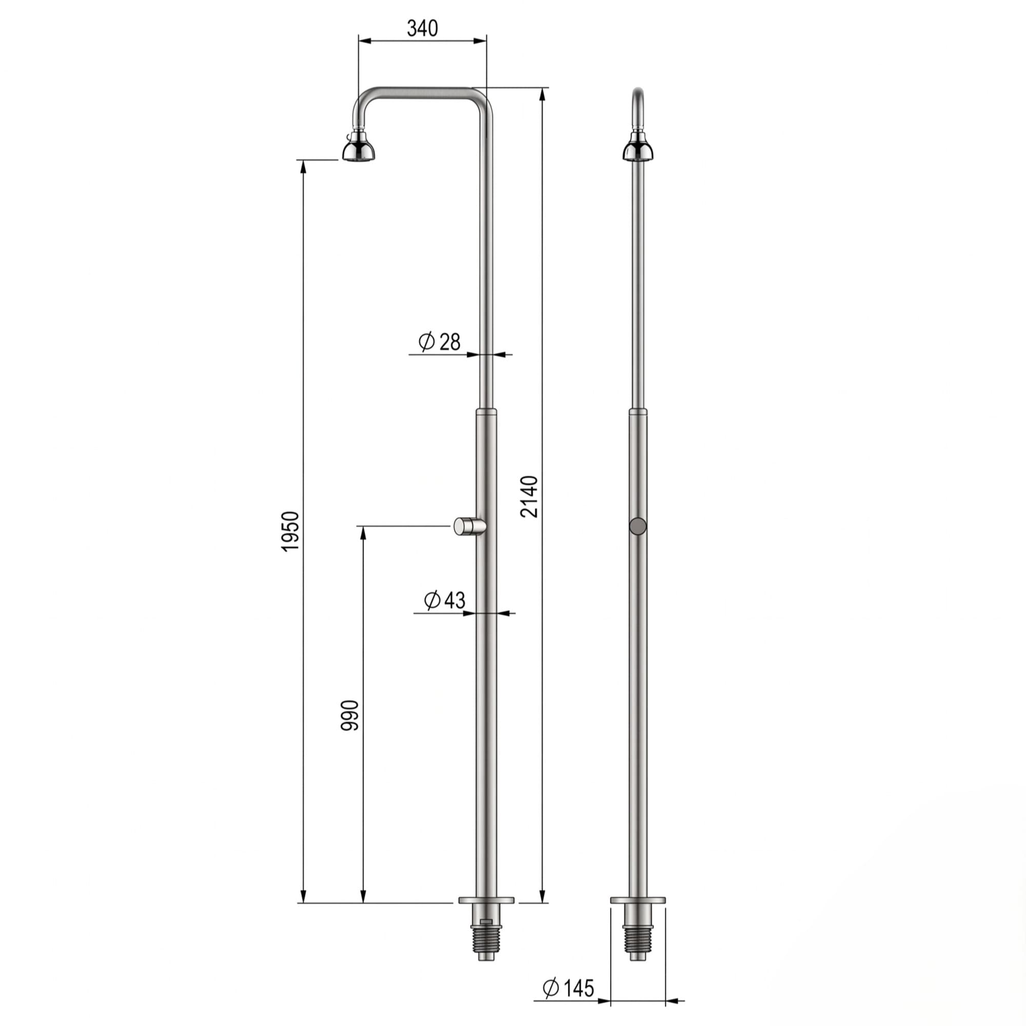 Dibujo técnico de un accesorio de ducha con dimensiones.
