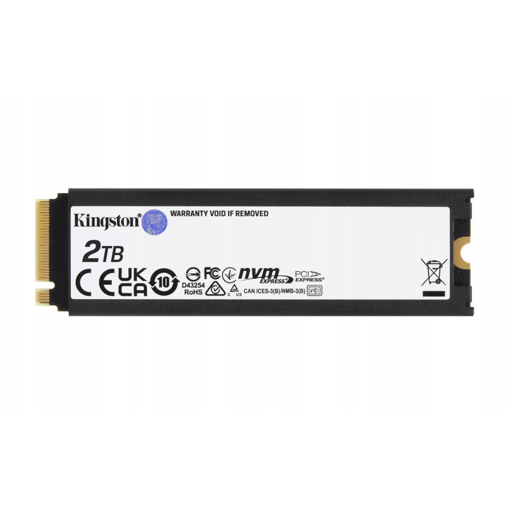 SSD Kingston 2TB NVMe con connettore PCIe, certificazioni CE, UKCA, FC, RoHS.