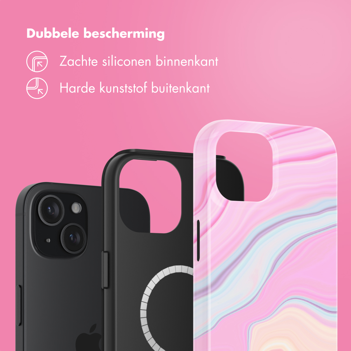 Phone cases: black with Apple logo, black inner, and pink marble pattern.