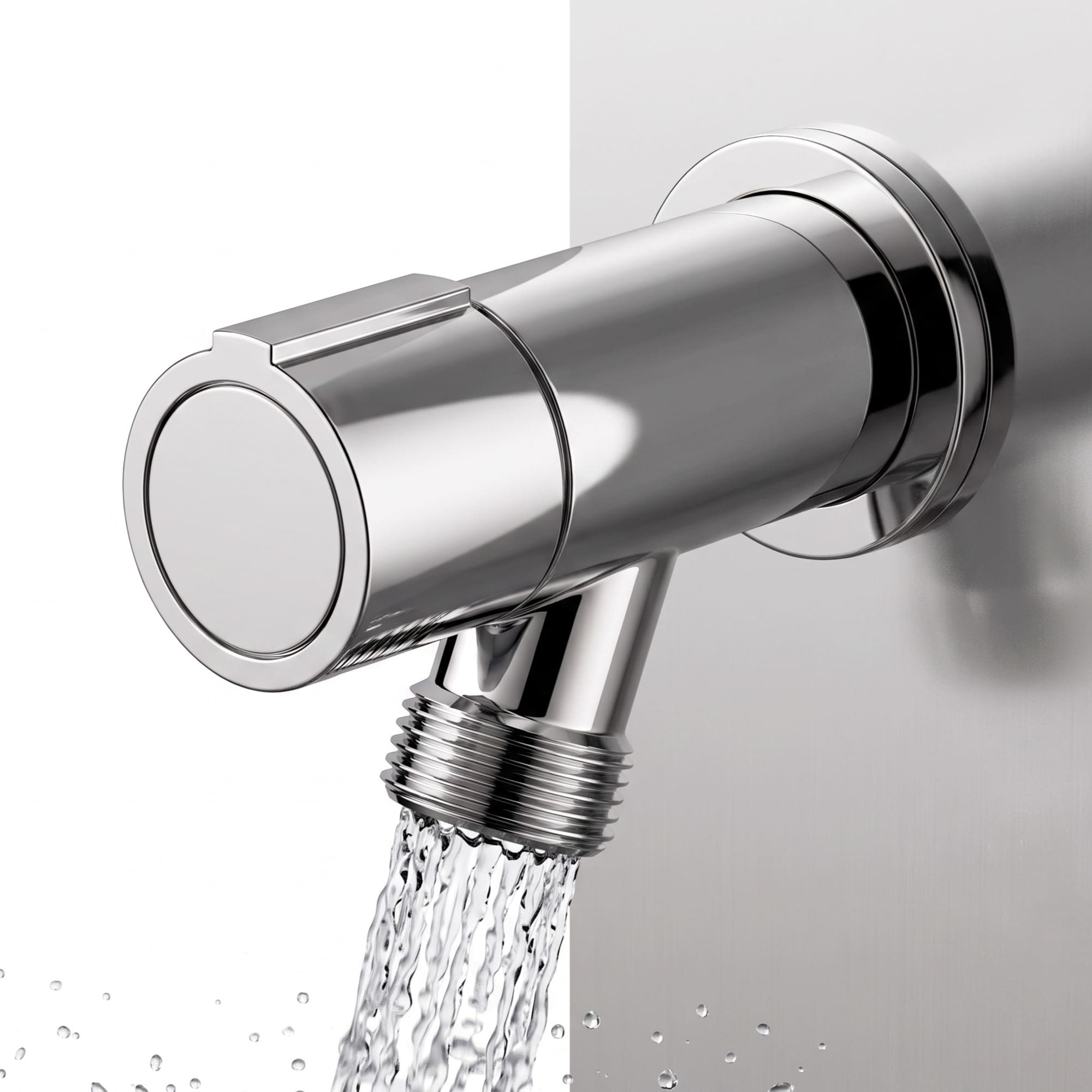 Un grifo cromado brillante con agua corriendo.