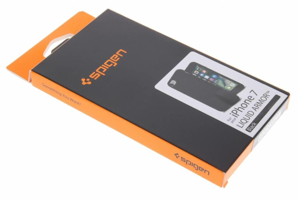 Scatola Spigen Liquid Armor nera per iPhone 7 con accenti arancioni. Presenta immagine telefono.