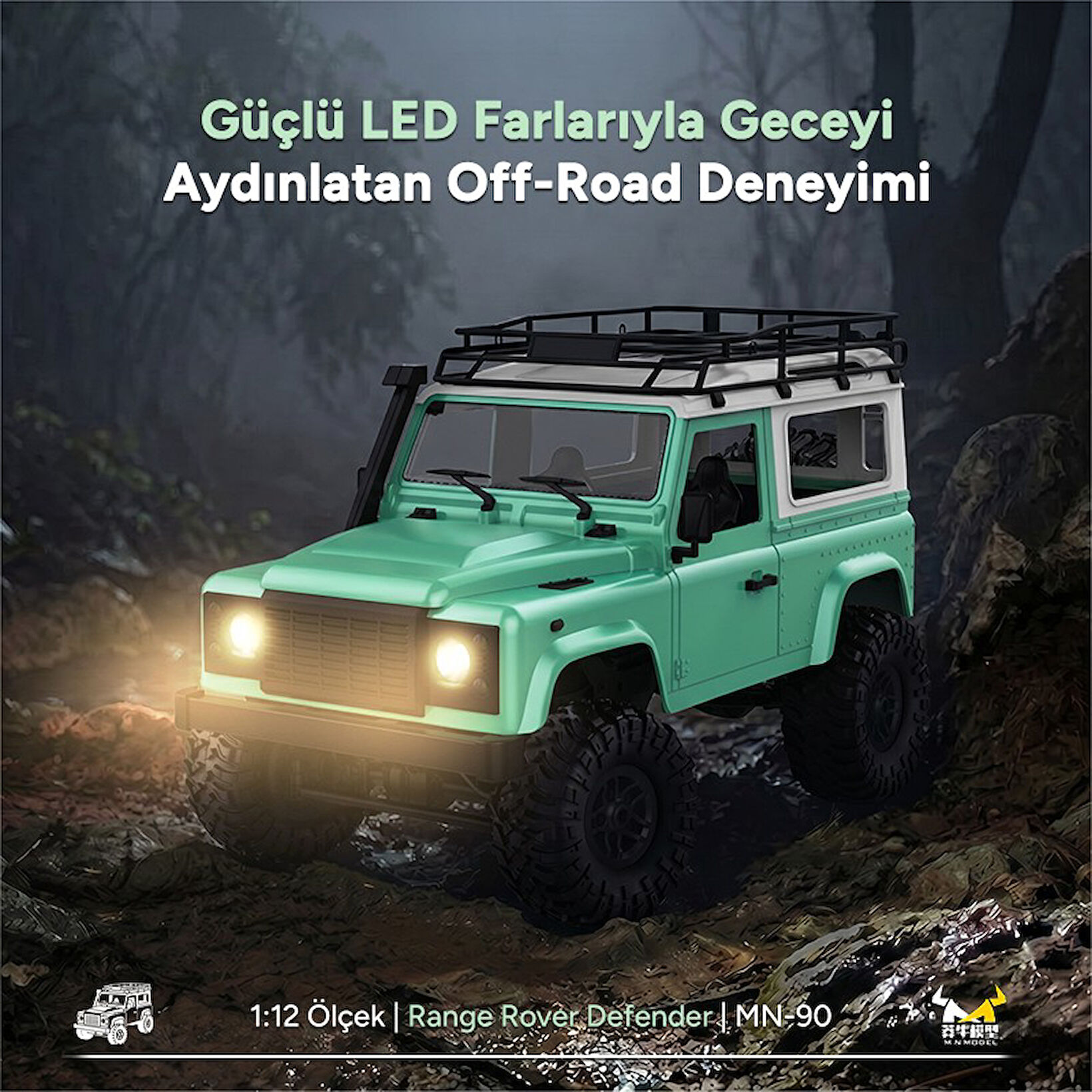 Aydınlatmalı, nane yeşili arazi aracı çamurlu arazide ilerliyor.