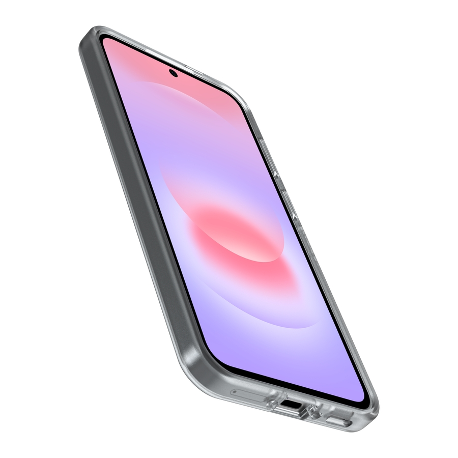 Una maqueta de funda de teléfono transparente con borde gris sobre fondo blanco.