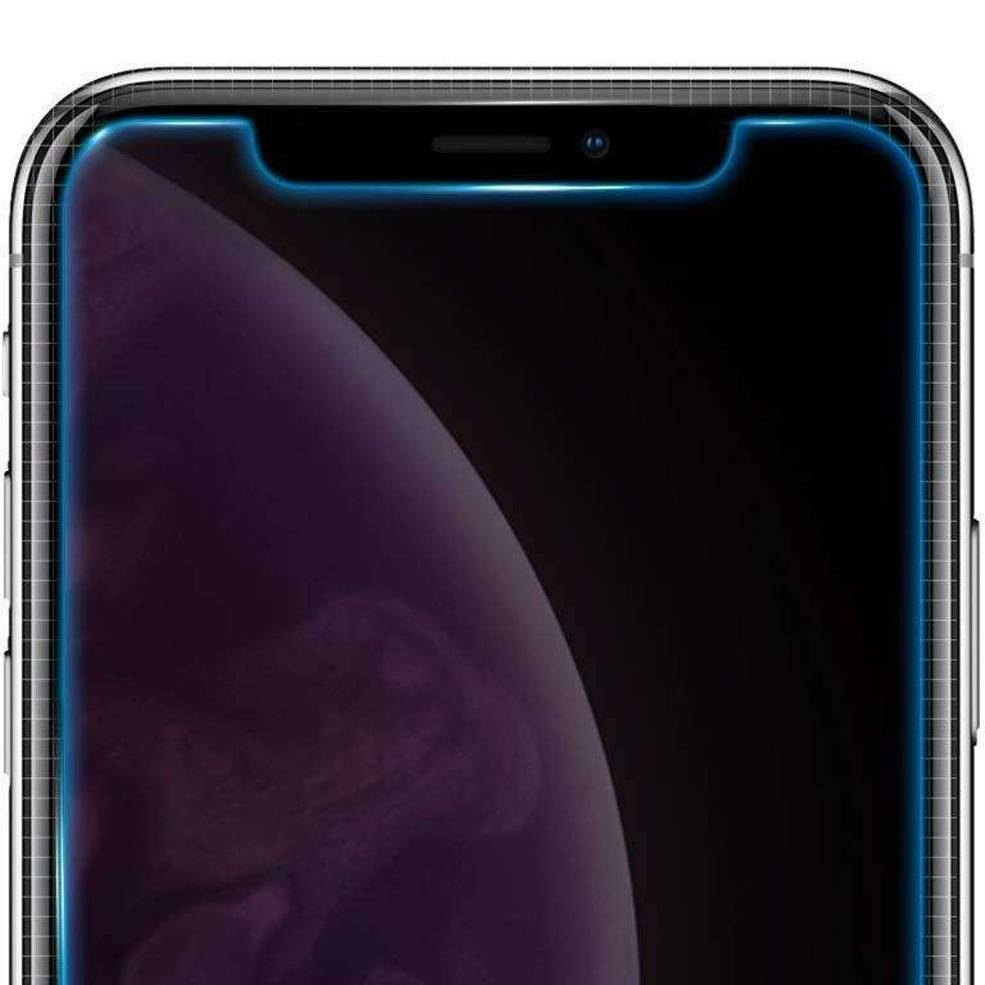 Primo piano schermo smartphone con bordo blu e schermo viola.