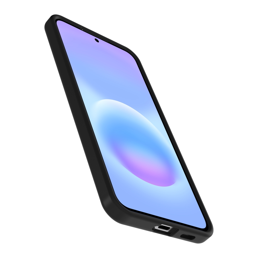 Black smartphone with a blue and purple wallpaper, viewed up close.