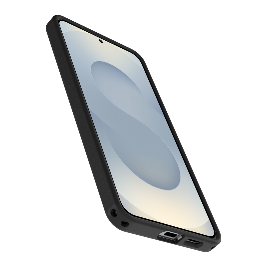 Smartphone nero con angoli arrotondati e motivo di sfondo grigio sullo schermo.