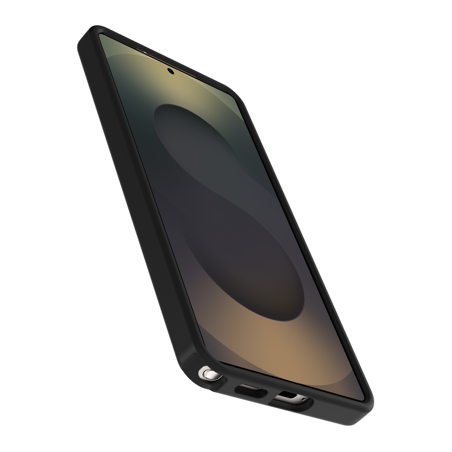 Smartphone nero con schermo scuro che mostra una forma sottile, bordo bianco.