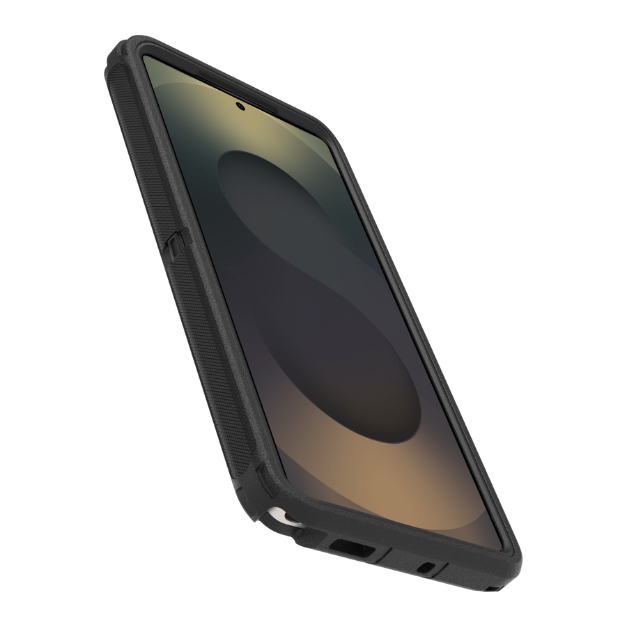 Black smartphone in a protective case, angled view on white background.